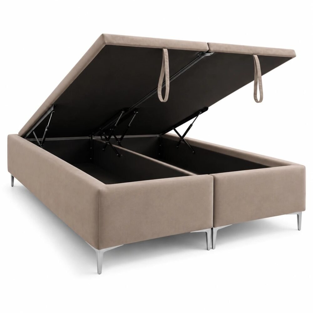 Base de cama con baúl y patas metálicas, abierta