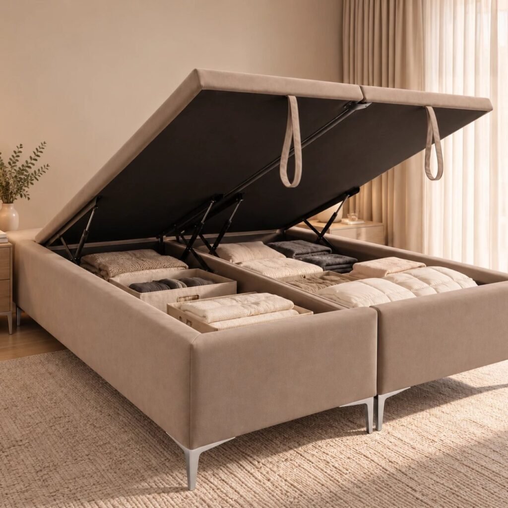 Base de cama con baúl y patas, abierta con ropa de cama guardada