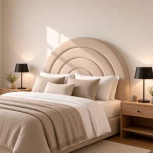 Respaldo Arcoiris de arcos concéntricos tapizado en tono beige, en un dormitorio