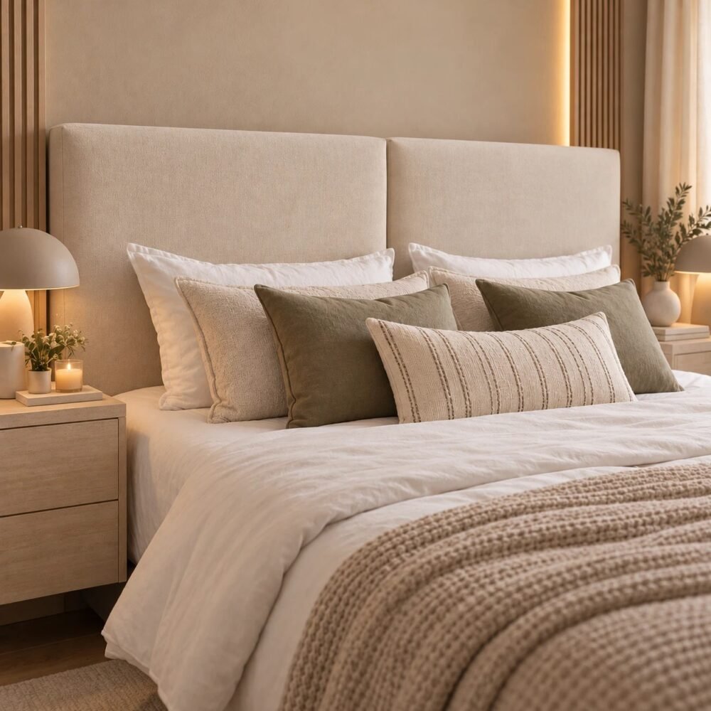 Respaldo Linen en tono claro, en dormitorio