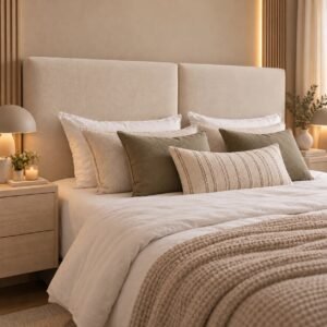 Respaldo Linen en tono claro, en dormitorio