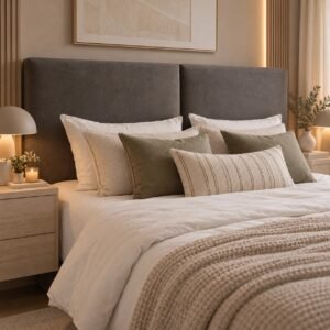 Respaldo Linen en tono gris, en dormitorio