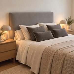 Respaldo Liso en tono gris, en dormitorio